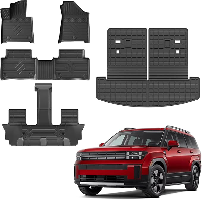 Floor Mats Compatible with 2024 2025 2026 Hyundai Santa Fe Cargo Liner Fit Gas&Hybrid TPE All Weather Back Seat Cover Protector Santa Fe Accessories (Trunk Mat with Backrest Mat+Floor Mats)