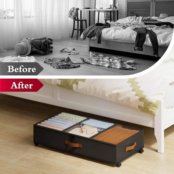 Yecaye Under Bed Storage with Wheels, 2 Pack Under Bed Storage Containers with Adjustable Dividers & Clear Window, Rolling Un