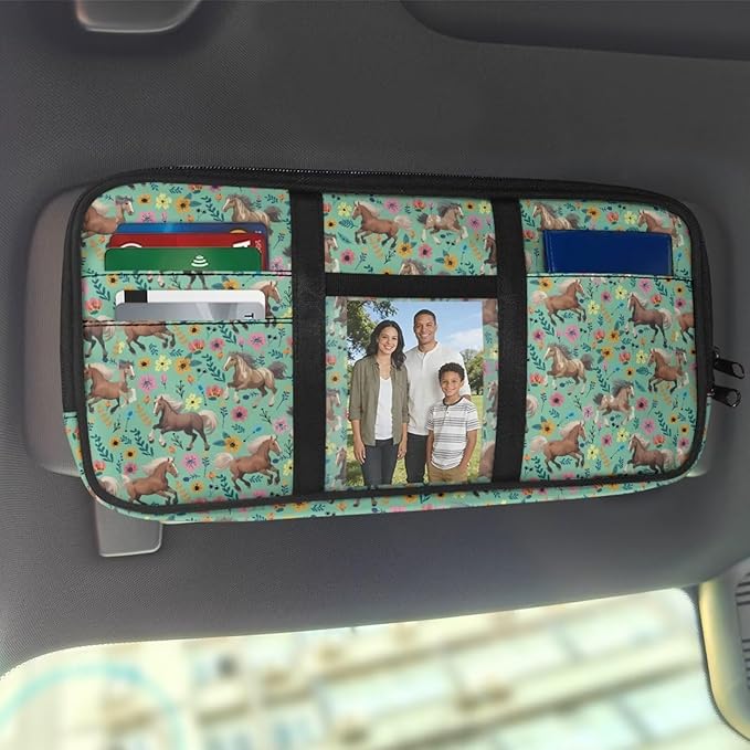 Horse Car Sun Visor Organizer with Velcro Straps Scratch-Resistant Sun Visor Storage Pouch with Zipper, Auto Interior Accessories for Car, SUV, Truck – Keep Your Vehicle Tidy