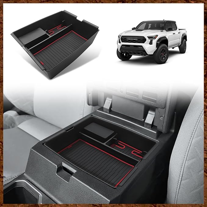 Muslogy Center Console Organizer Compatible with Toyota Tacoma 2024 2025 2026 Accessories Middle Console Storage Box ABS Material with Anti-Slip Mats Interior Insert Tray (Red)