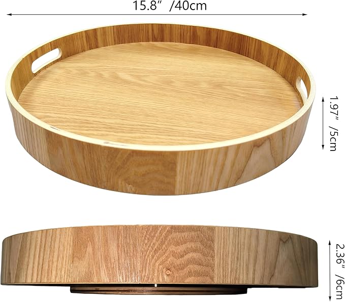 16" Large Lazy Susan Turntable with Handles – Wooden Rotating Tray with Raised Rim – Rustic Farmhouse Kitchen Island & Table 