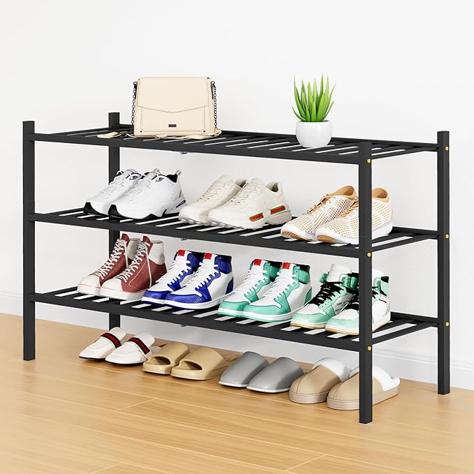 Smiry Shoe Rack, 3 Tier Long Bamboo Shoe Organizer, Stackable Free Standing Wooden Shoe Storage Shelf for Closet, Entryway, F