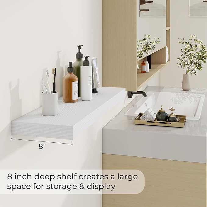 Dreamland 30 Inch Long Floating Shelves in White,8 Inch Deep Floating Shelf for Wall,Large Display & Storage Shelf, Wall Shel