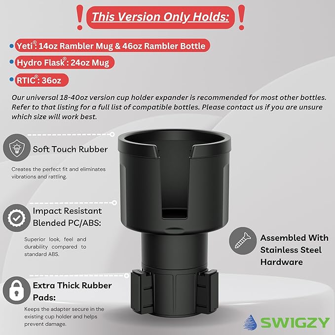 Swigzy Extra Wide Car Cup Holder Expander - Made for Yeti 14oz & 46oz Rambler, Hydro Flask 24oz Mug, RTIC 36oz Bottles - Adap