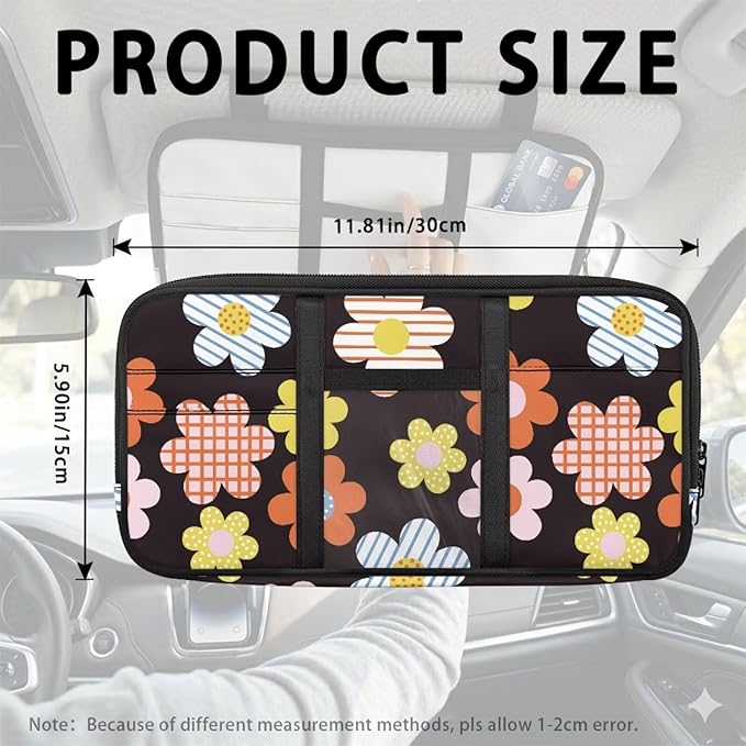 Car Sun Visor Organizer,Hippie Flower Theme Truck Visor Organizer Elastic Bands Organizes Essentials for Cards, Pens and Document