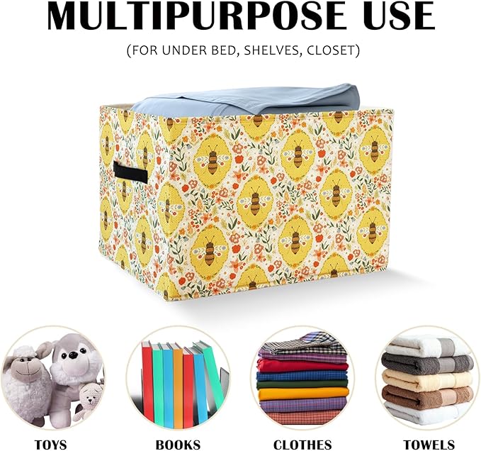 Rectangular Bees Florals Storage Basket Organizer Bins With Handles,Cute Collapsible Flower Nursery Storage Bin Rectangle Con