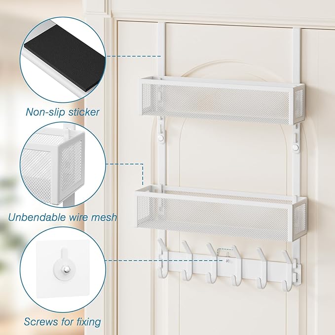 Over The Door Hooks Organizer, Over Door Storage with 12 Coat Hooks and 2 Mesh Basket, Bathroom Door Organizer Towel Rack Bac