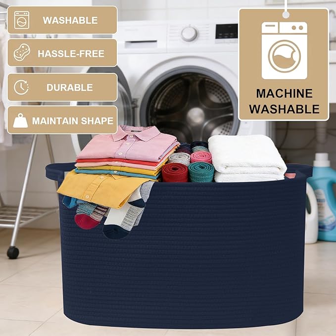 96L Large Blanket Basket,24"x16"x15"Rectangle Storage Bin with Handles,Woven Rope Laundry Basket for Toys, Clothes,Magazines,