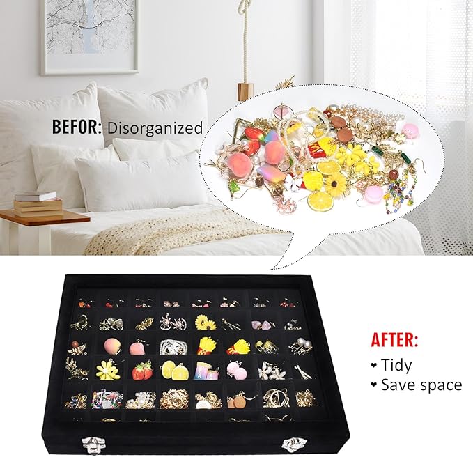Vicoter Velvet Jewelry Tray 48 Compartments Jewelry Display Organizer with Transparent Cover Rings, Earrings, Necklaces, Pend
