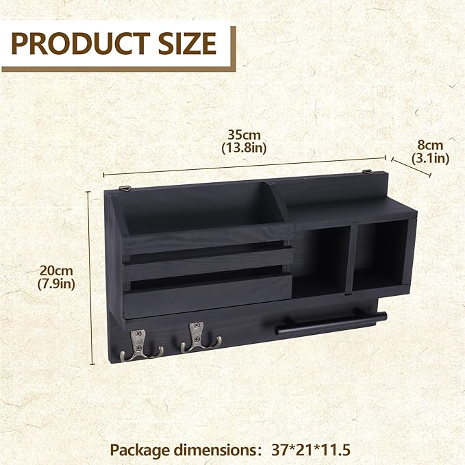Key and Mail Holder Wall Mount, Wooden Entryway Organizer with 2 Hooks & Shelf, Compact Key Rack for Wall with Mail Organizer