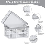 4 Packs 30 L Plastic Collapsible Storage Basket, Folding Stackable Storage Containers/Bins, White