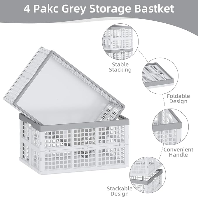 4 Packs 30 L Plastic Collapsible Storage Basket, Folding Stackable Storage Containers/Bins, White