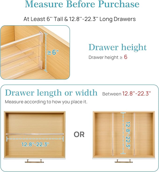 Vtopmart 8 Pack 6" Tall Upgrade Drawer Dividers for Big and Deep Drawer, 12.8"-22.3" Adjustable Expandable Dresser Drawer Org