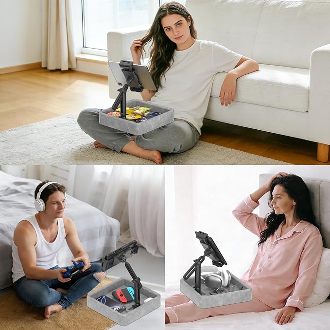 KDD Tablet Pillow Holder - Multi-Angle Adjustable iPad Stand for Lap, Bed and Desk - Foldable Kindle Soft Pad Dock with Storage Tray Compatible with iPad Pro 12.9, Air Mini, Phone, E-Reader