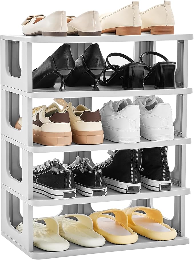TRZZ 5-Tier Small Shoe Rack, Vertical Narrow Stackable Organizer with Removable Partition, Efficient Shoe Storage for Closet,