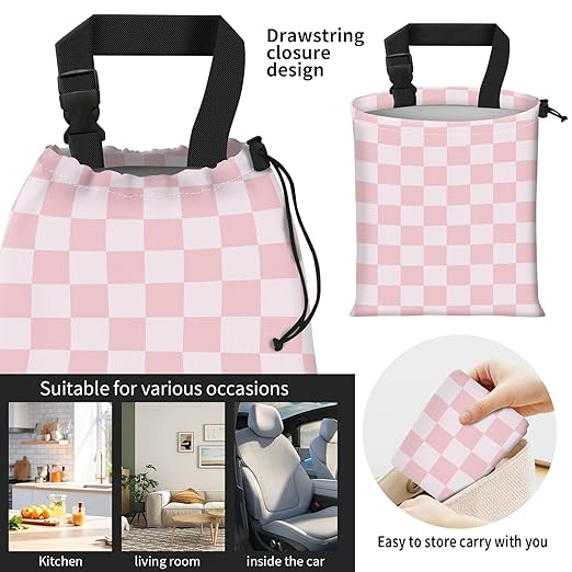 Car Trash Bag Large Hanging Can for Back of Seat, Cute Waterproof Car Garbage Bag for Vehicle, Travelling, Outdoor Pink White Checkerboard