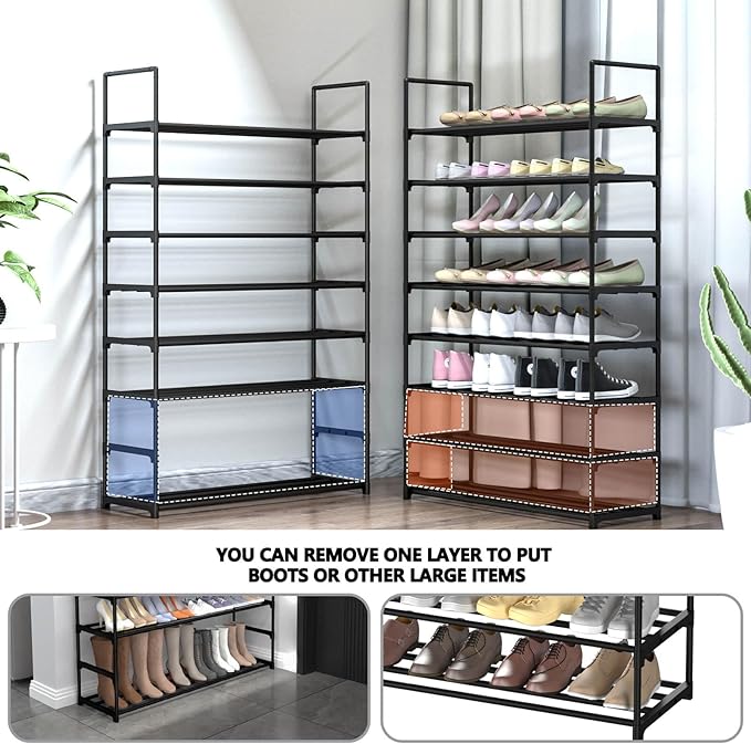 Hsscblet 8 Tiers Metal Shoe Rack,Adjustable Shoe Shelf Storage Organizer with Hooks,Stackable Boot & Shoe Storage,for Entrywa