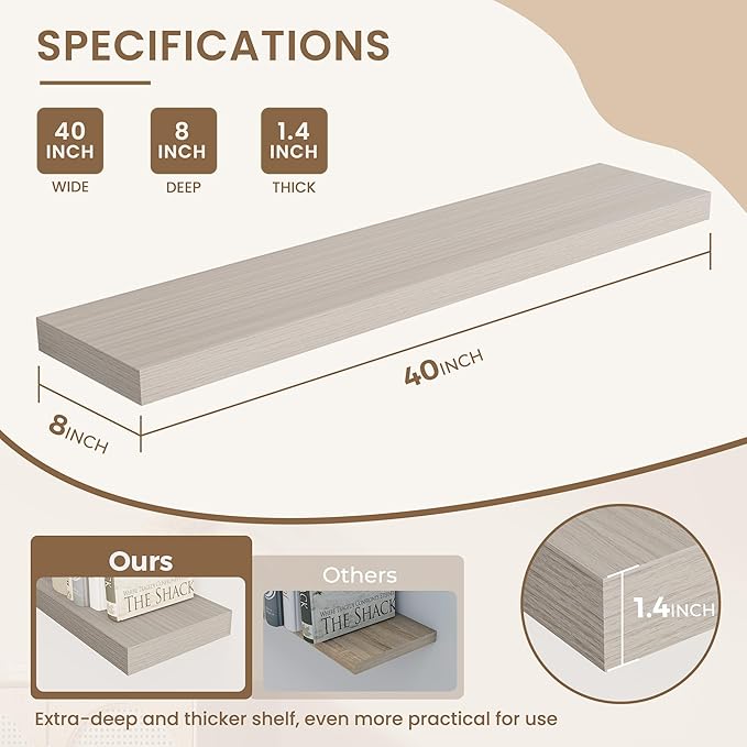Dreamland Deep Floating Shelves, 8" Deep Long Shelves Set of 2, 40 Inches Floating Shelf for Wall,Large Display & Storage She