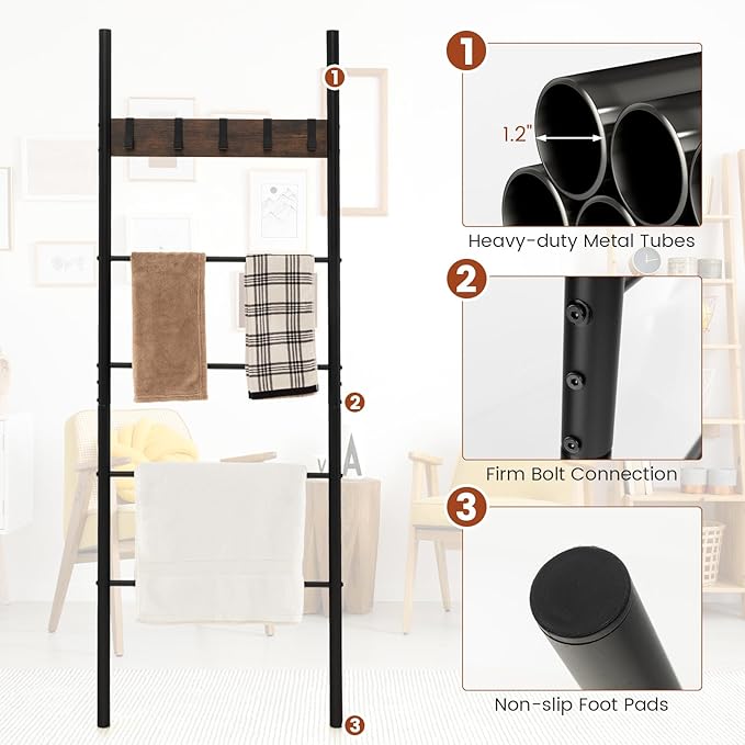S AFSTAR Wall Leaning Blanket Ladder, 5-Tier Ladder Shelf with 5 Removable Hooks, Industrial Blanket Holder Rack, Drying and 