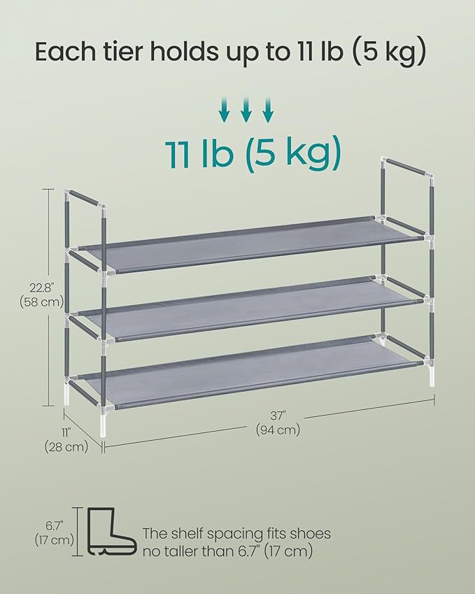 SONGMICS 3-Tier Shoe Rack, Shoe Storage for Hallway Closet, Slim and Space-Saving, Metal Frame, Non-Woven Fabric Shelves, Gre