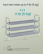 SONGMICS 3-Tier Shoe Rack, Shoe Storage for Hallway Closet, Slim and Space-Saving, Metal Frame, Non-Woven Fabric Shelves, Gre