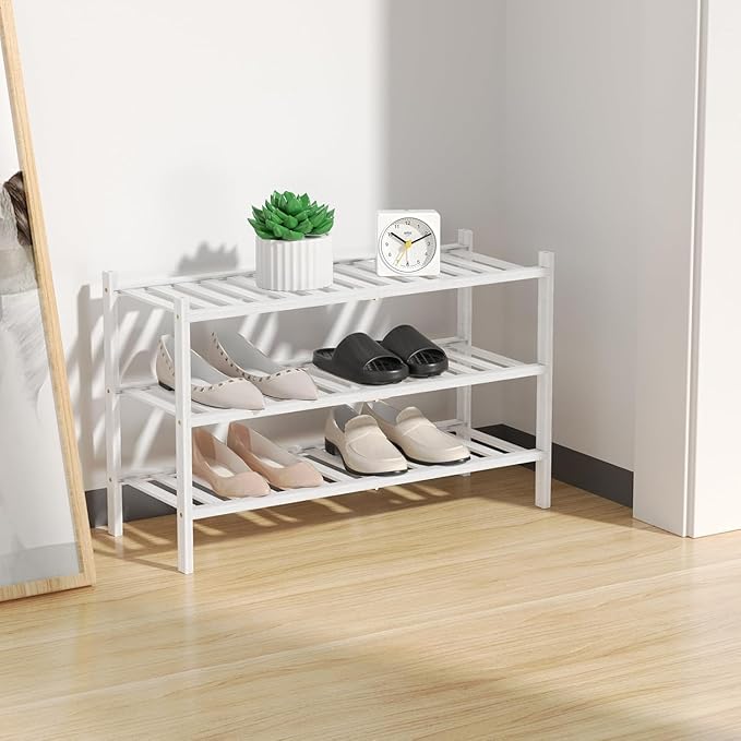 RONGJlA 2 Tier Bamboo Shoe Rack for Closet Free Standing Wood Shoe Shelf Storage Organizer for Entryway Small Space Stackable