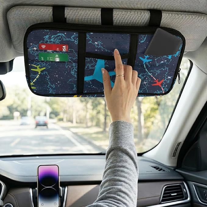 Airplane Car Sun Visor Organizer,Car Sun Storage Pocket Pouch Case Bag with Double Zippers Truck SUV Storage Pouch Holde