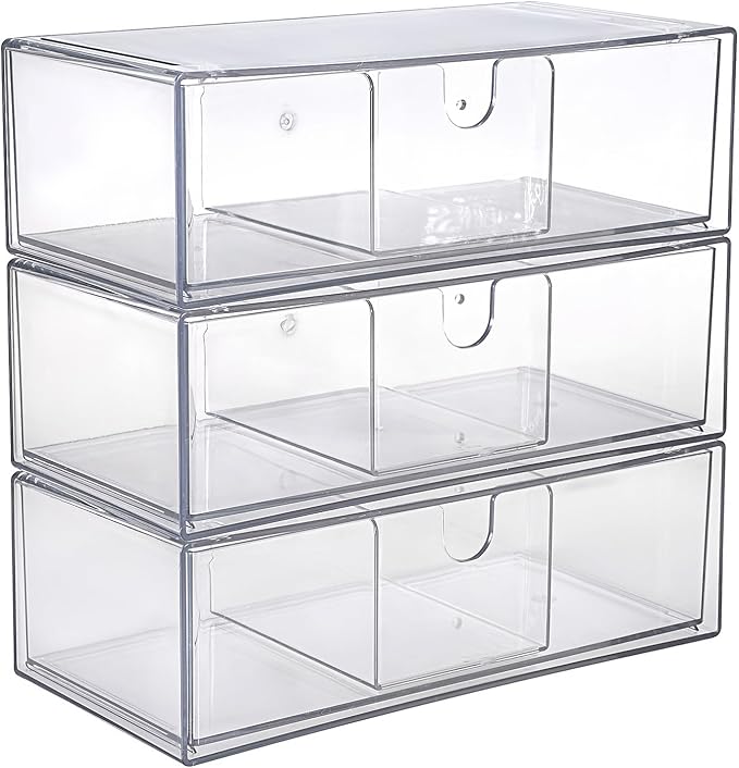 Hipiwe Acrylic Storage Drawers 3-Tier Stackable Bathroom Makeup Organizer Cotton Swabs Qtip Holder for Vanity Cosmetics Clear