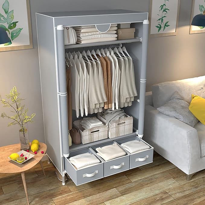Portable Clothes Closet Rolling Door Wardrobe with Hanging Rack Non-Woven Fabric Storage Organizer with Three Drawer Boxes No