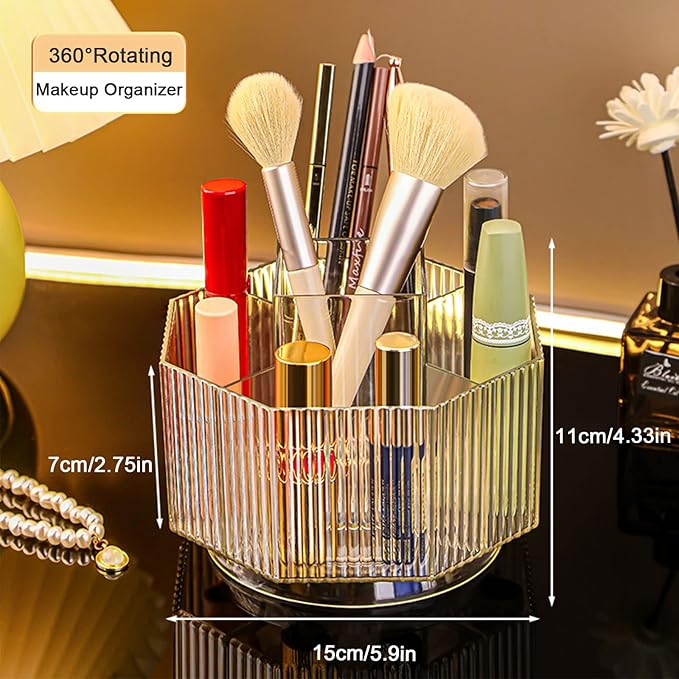 LINFIDITE 360°Rotating Makeup Brush Holder Cosmetic Display Case Clear Makeup Lip Gloss Organizer Case with 5 Slots Round Tur