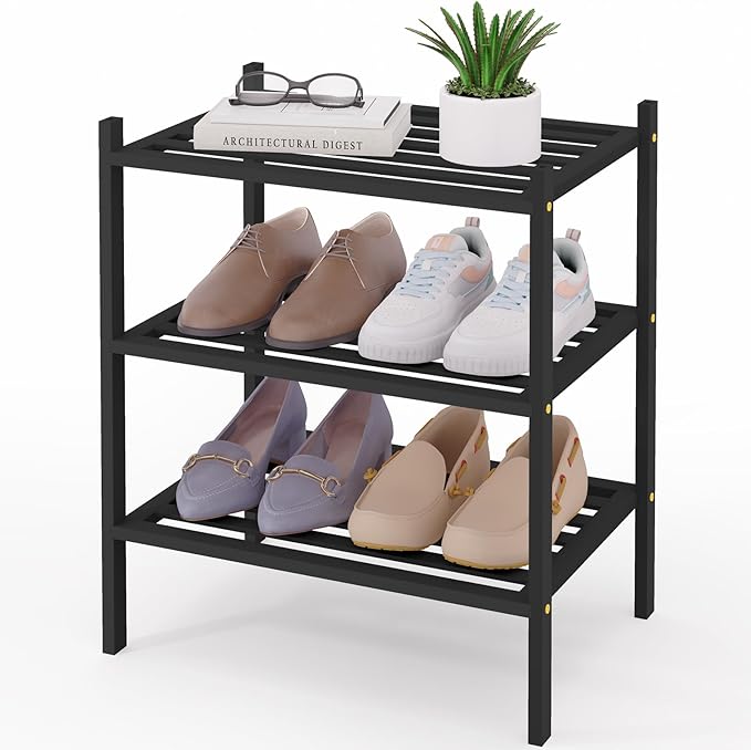 Smiry Small Bamboo Shoe Rack 3-Tier, Stackable Wooden Shoe Organizer for Entryway & Closet, Free Standing Wood Shoe Storage S