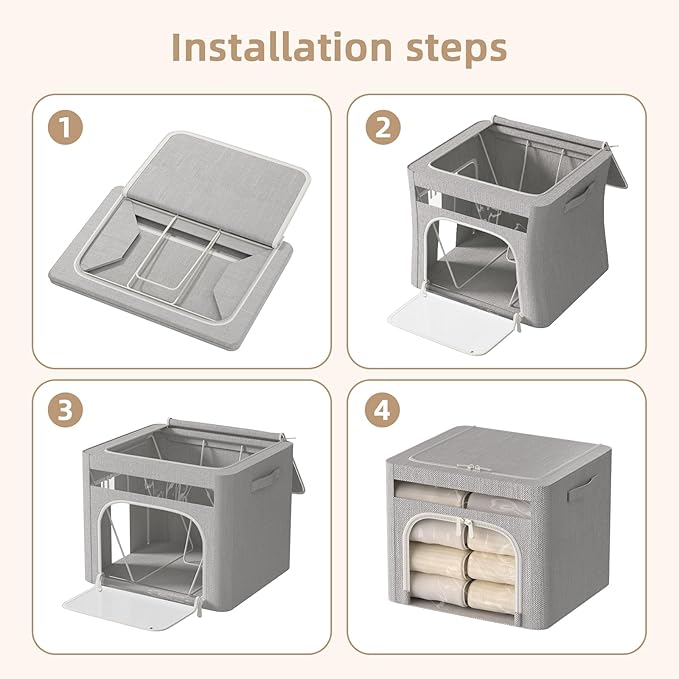 FHSQX 6 Pack Foldable Storage Bins for Clothes Clothes Storage Bins with Metal Frame Stackable Storage Box with Lid (Light Gr