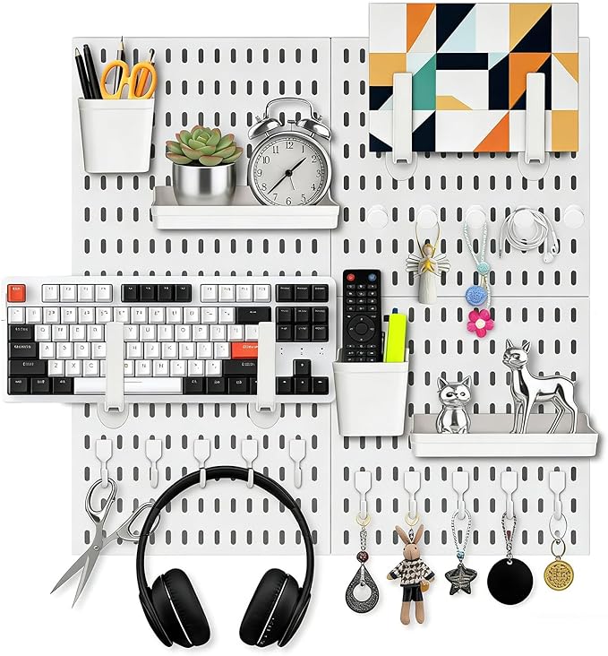 4 Pack Peg Board Wall Organizer,12"x12" White Pegboard Combination Kit with 23 Accessories for Home, Office, Garage Tool Stor