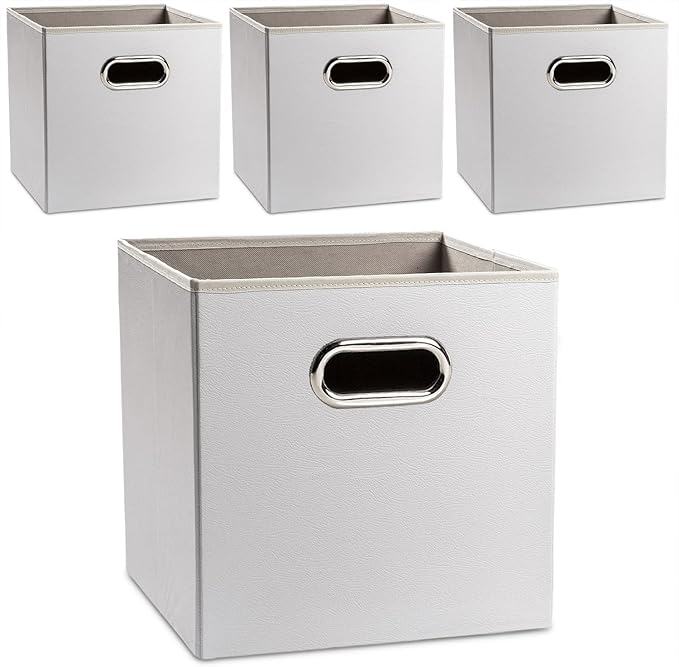 PRANDOM Leather Foldable Cube Storage Bins 11x11 inch [4-Pack] Fabric Storage Baskets Cubes Drawer with Cotton Handles Organi