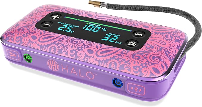 HALO Bolt Air+ 1750 Portable Car Battery Jump Starter | 130 PSI Air Compressor, 59.9Wh USB Power Bank, Large Display,