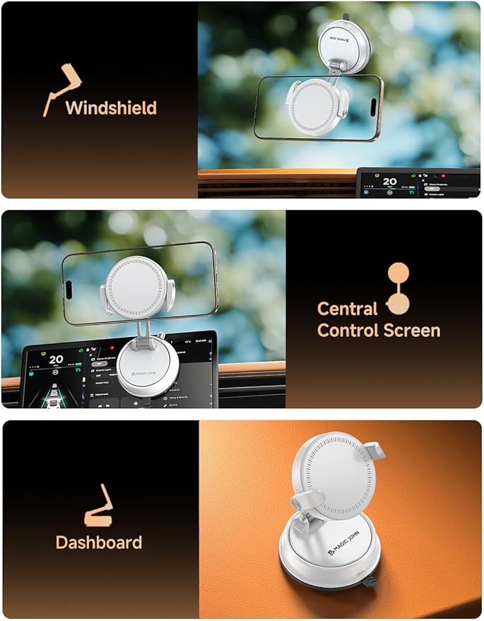 MAGIC JOHN Car Phone Holder for Magsafe [Ultra Magnetic & Clip arm] 360° Adjustable Car Phone Mount, Phone Holders for Your Car for iPhone 17 Pro Max 16 15 14 13 12 Air Plus Car Accessories, White ﻿