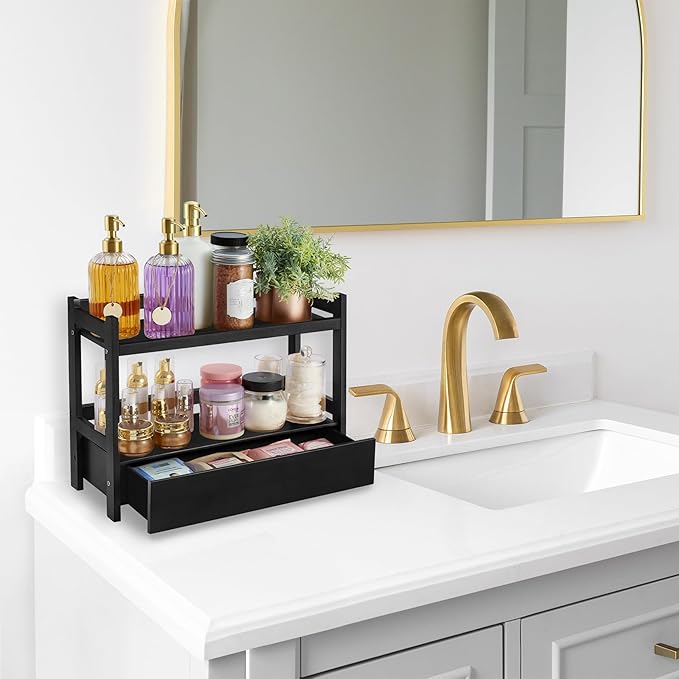 Sorbus Bamboo Bathroom Counter Organizer – 2-Tier Shelf with Hidden Drawer for Vanity, Matcha Station, Bathroom Sink Organize