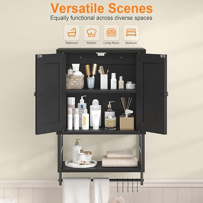 Farmhouse Medicine Cabinet - 3-Tier Wall Mounted Storage Organizer with Adjustable Shelves, Towel Bar, 5 Hooks for Small Bath