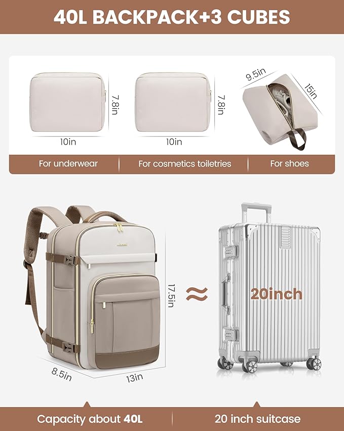 LOVEVOOK 40L Travel Backpack for Women & Men - 17.3 Inch Carry On Backpack & Personal Item Backpack for Airlines, Spacious an