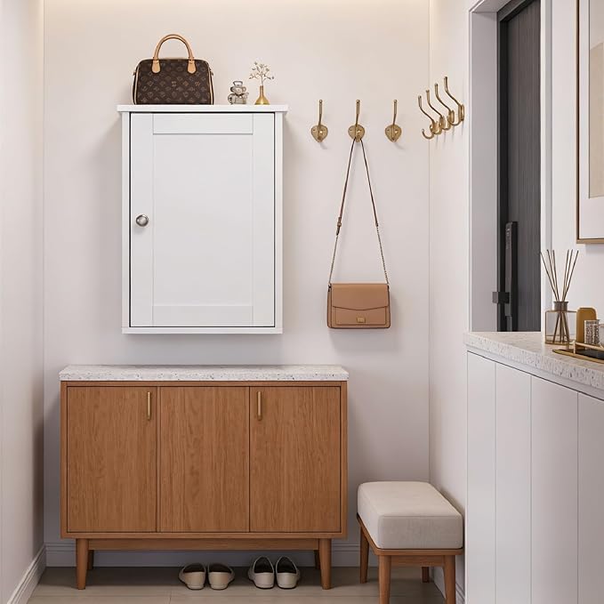 VINGLI Bathroom Wall Cabinet, White Medicine Cabinet with Single Door, Small Over Toilet Storage Organizer with Adjustable Sh