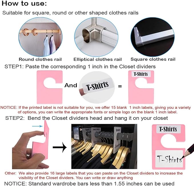 20 Pack White Clothing Rack Size Dividers Plus 45 Labels (1 Inch) and 18 Large Blank Labels, Large Rectangular Clothing Close