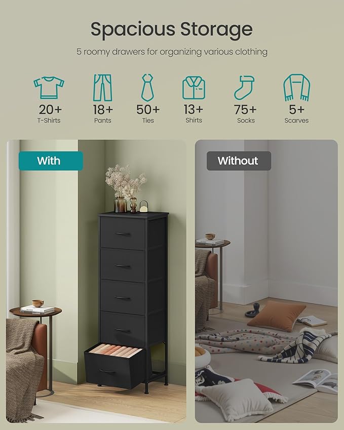SONGMICS Dresser for Bedroom, Chest of Drawers, Steel, MDF, 5 Non-Woven Fabric Drawers, Storage Organizer Unit, Closet, Entry