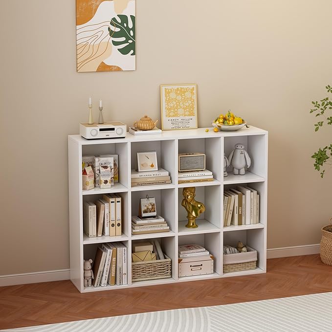 OSCHF 12-Cube Storage Shelf Bookcase - Wooden 3-Tier Floor Standing Open Bookshelf for Home and Office, Display Cabinet, Warm