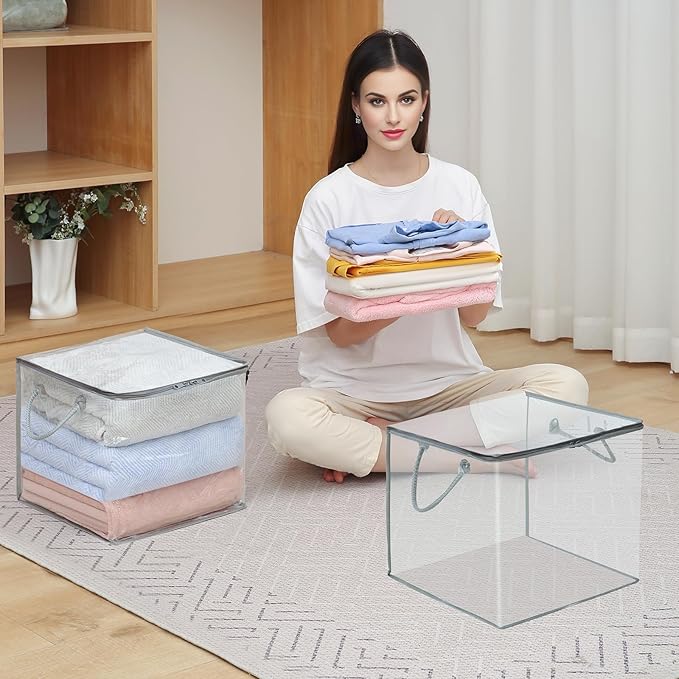 10 PCS Clear Zippered Storage Bags with Handles,Sweater Storage with Two-way Zipper,Foldable Closet Organizer Bed Sheet Organ