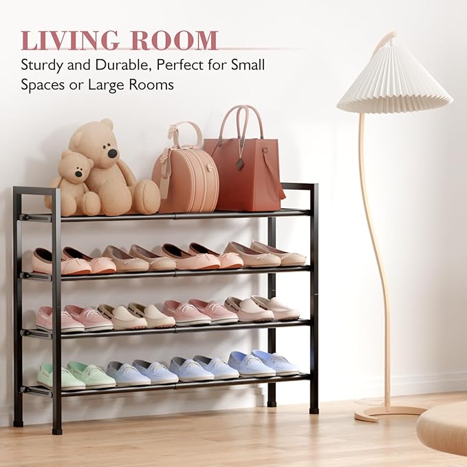 Bumusty 4-Tier Expandable Shoe Rack for Closet, 18“-33” Adjustable Shoe Rack for Small Space, Small Shoe Organizer for Front 