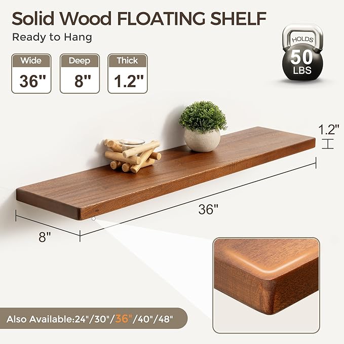 Fun Memories 36 Inch Floating Shelves, Rustic Solid Wood Wall Shelves Set of 2, 8 Inch Deep Floating Shelf for Bathroom, Bedr