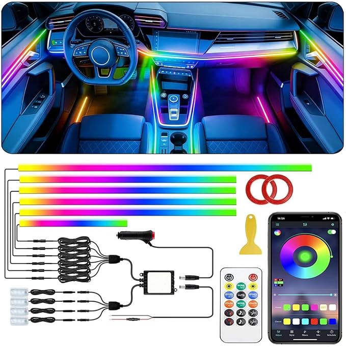 Interior Car LED Strip Lights, Acrylic LED Lights RGB Dreamcolor 10 in 1 with 175 inches 593 LEDs Fiber Optic Ambient Lighting Kits,APP and Remote Control 16 Million Colors Car Neon Lights