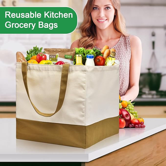 Canvas Reusable Grocery Bags Heavy Duty, 8.3 gal Foldable Large Tote Bag with Handles, Holds 60 lbs Canvas Shopping Bags, 1 Pack
