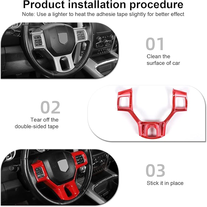 CheroCar for Dodge RAM Steering Wheel Cover Trim Interior Decoration Accessories for 2010-2017 Dodge RAM (Red)
