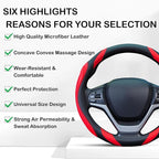 Concave Convex Massage Black Red Microfiber Leather Steering Wheel Cover, 14.5-15 Inch Non-Slip Breathable Microfiber Car Ste